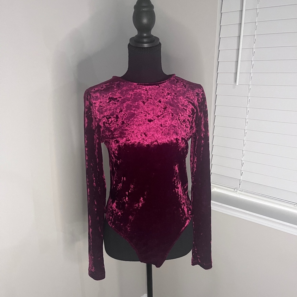 Burgundy Velvet Long Sleeve Bodysuit